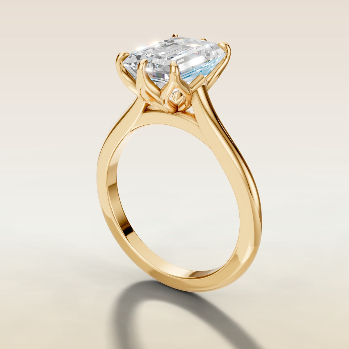 Emerald Six Petal Tulip engagement ring in yellow gold, angled side view