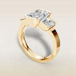 Emerald Three Stone Half Bezel Thick Band engagement ring in yellow gold, back angle