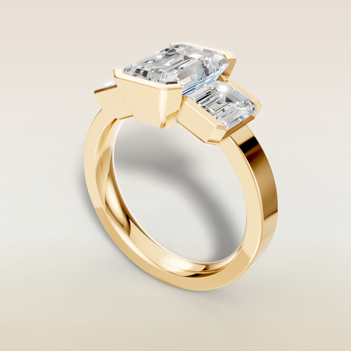 Emerald Three Stone Half Bezel Thick Band engagement ring in yellow gold, back angle