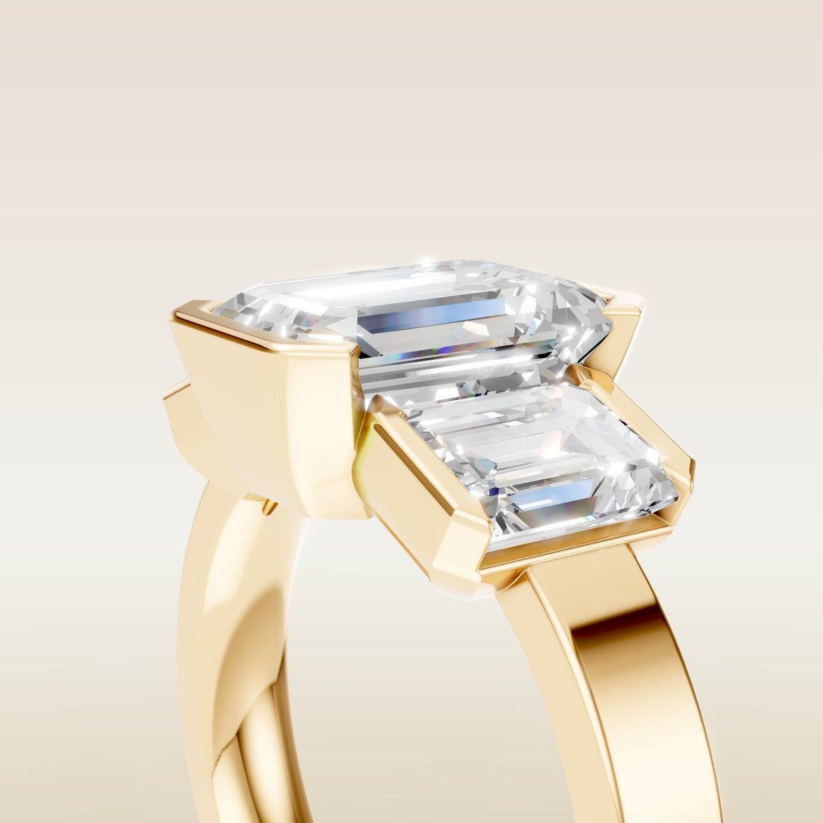 Emerald Three Stone Half Bezel Thick Band engagement ring in yellow gold, basket close up