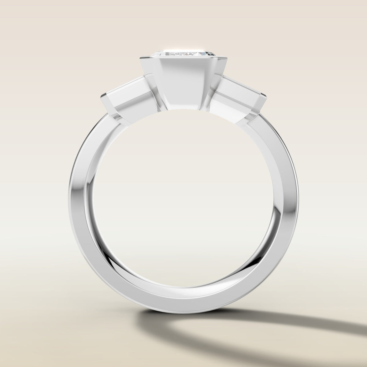 Emerald Three Stone Half Bezel Thick Band engagement ring in white gold, front view