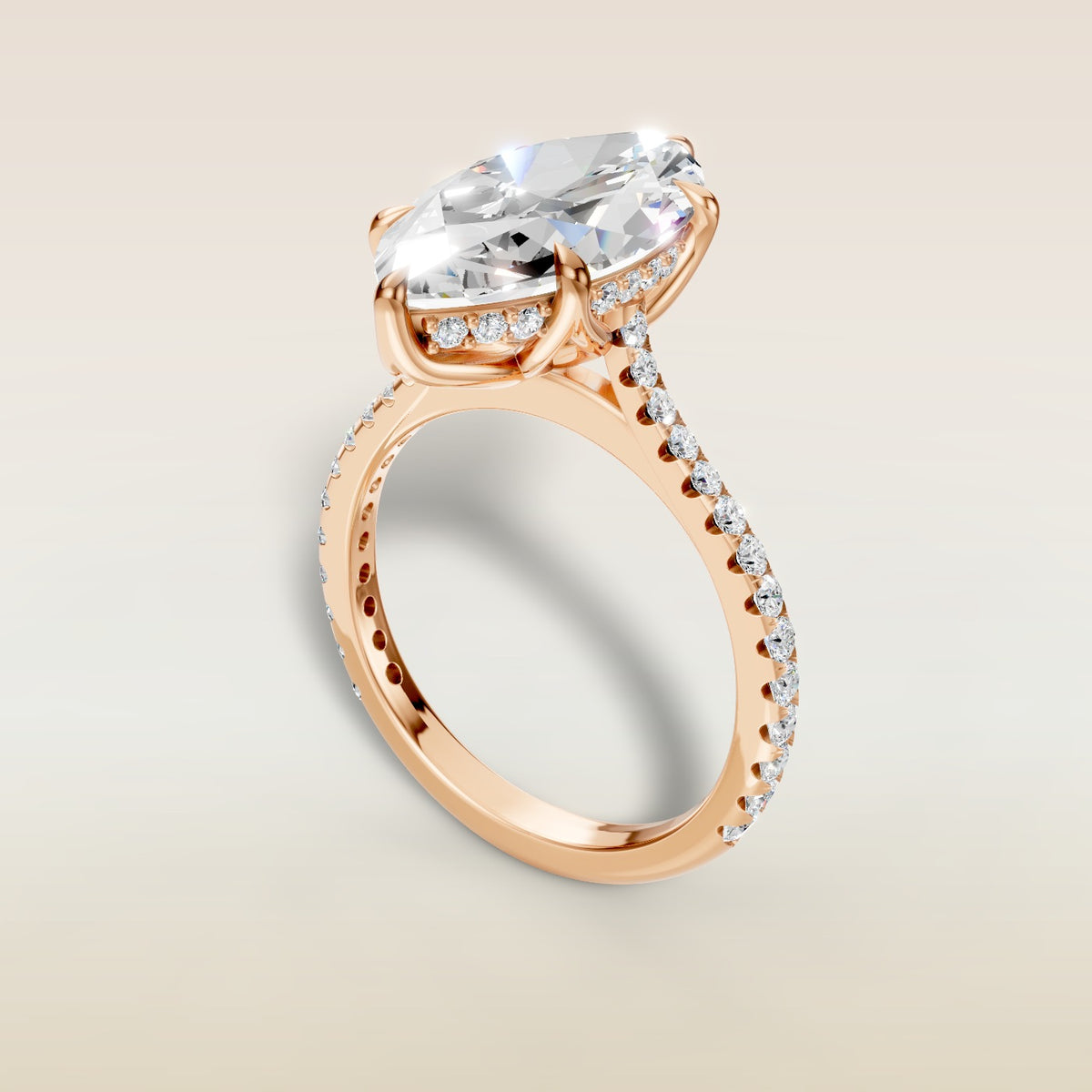 Marquise Tulip Hidden Halo Pave engagement ring in rose gold, angled view