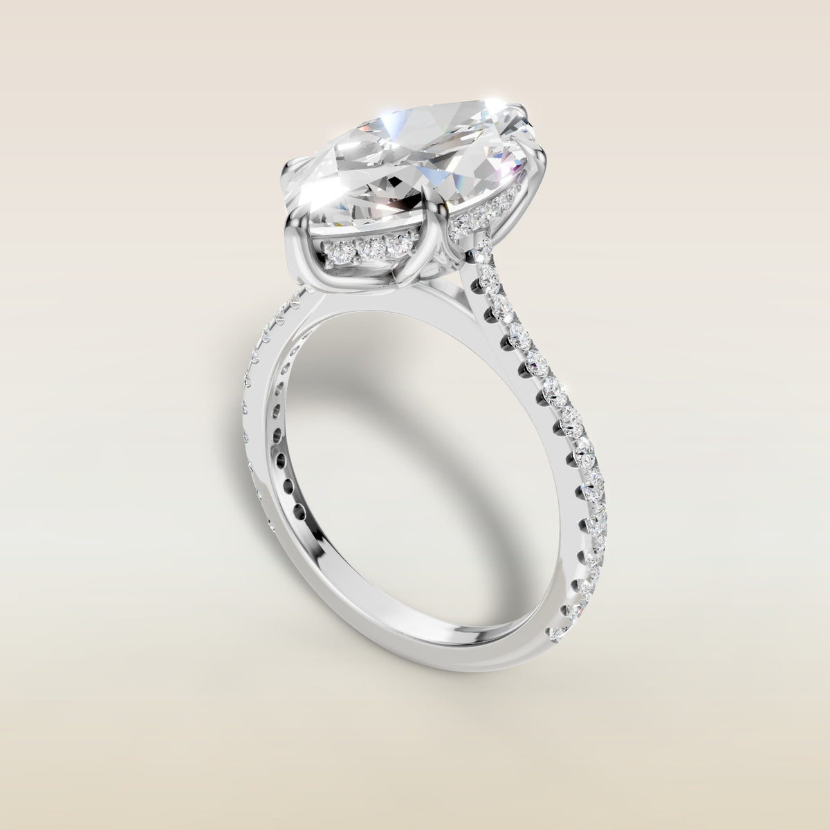 Marquise Tulip Hidden Halo Pave engagement ring in white gold, angled view