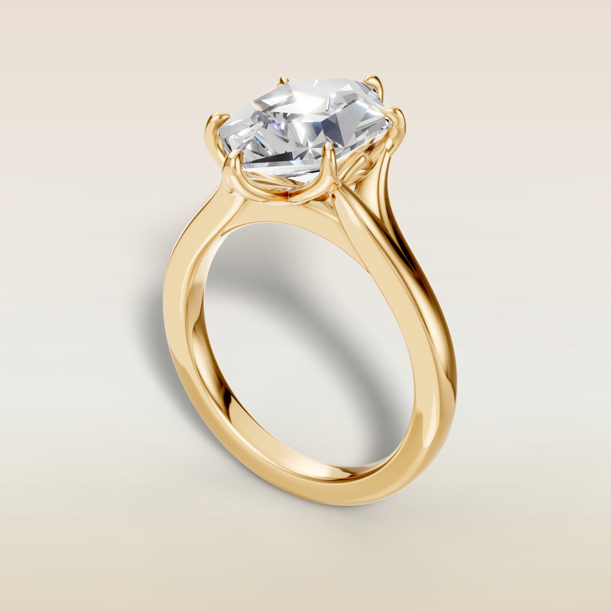 Hexagon Six Petal Tulip Split Shank engagement ring in gold, back angle