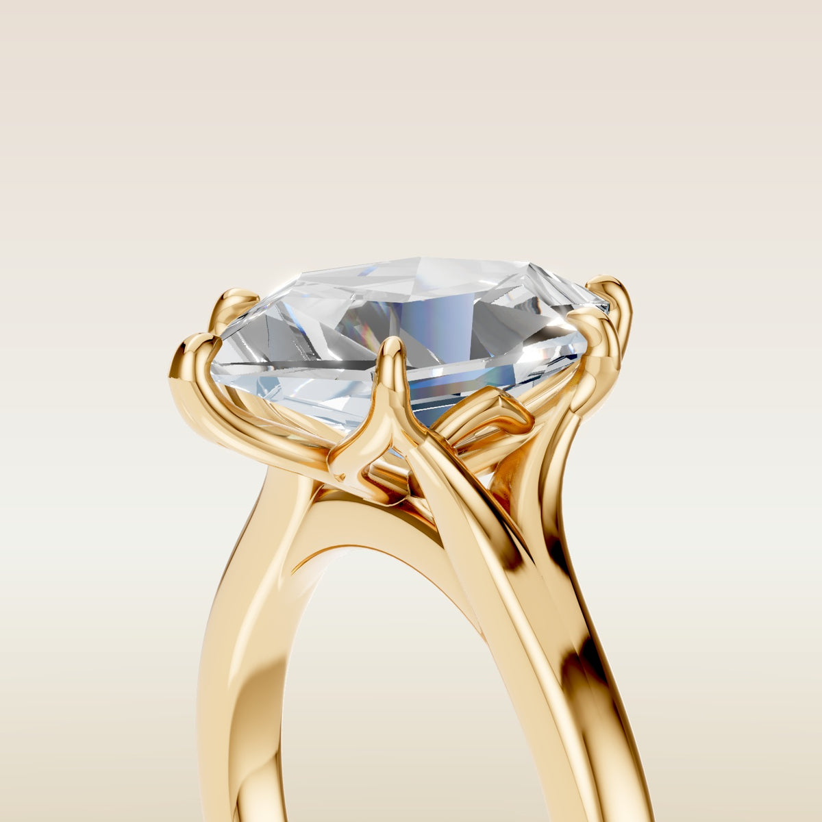 Hexagon Six Petal Tulip Split Shank engagement ring in gold, basket close up