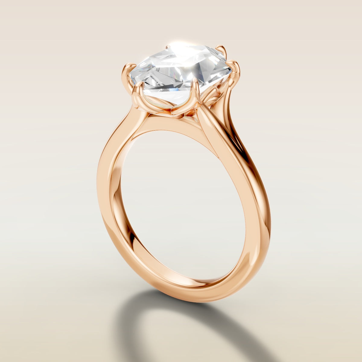 Hexagon Six Petal Tulip Split Shank engagement ring in rose gold, angled side view