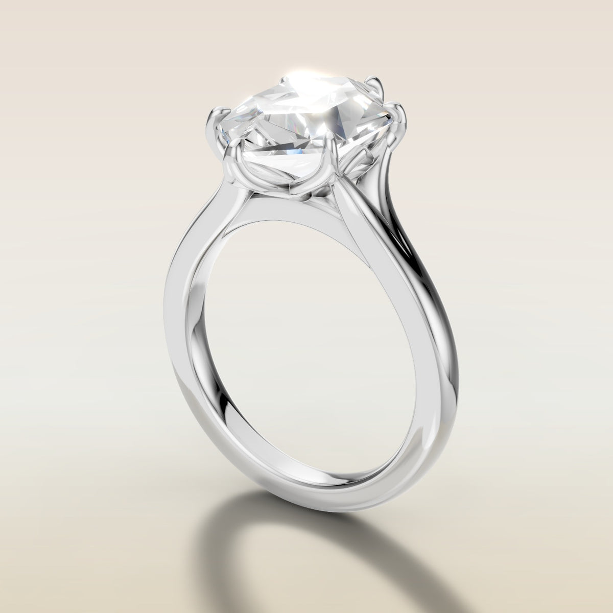Hexagon Six Petal Tulip Split Shank engagement ring in white gold, angled side view