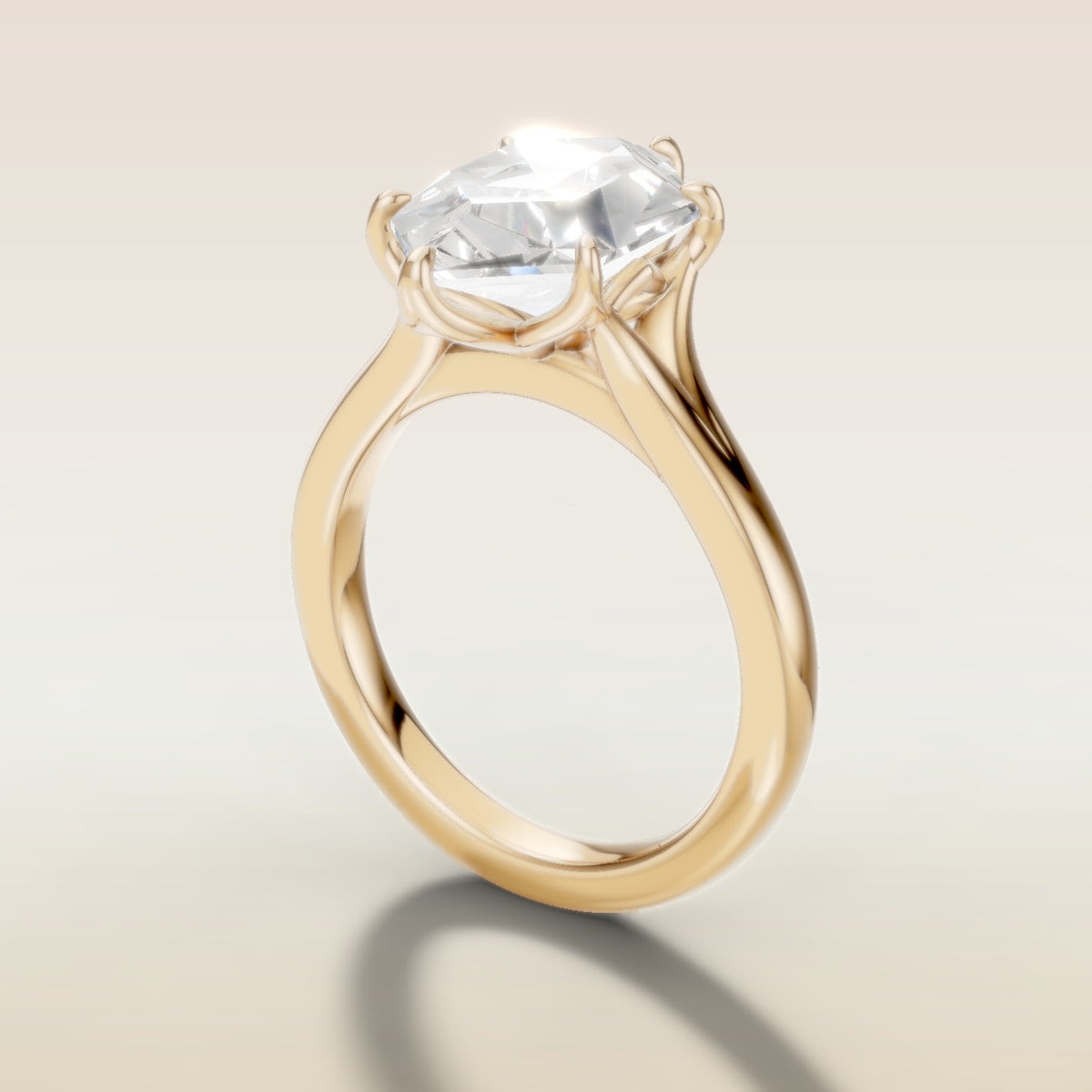 Hexagon Six Petal Tulip Split Shank engagement ring in gold, angled side view