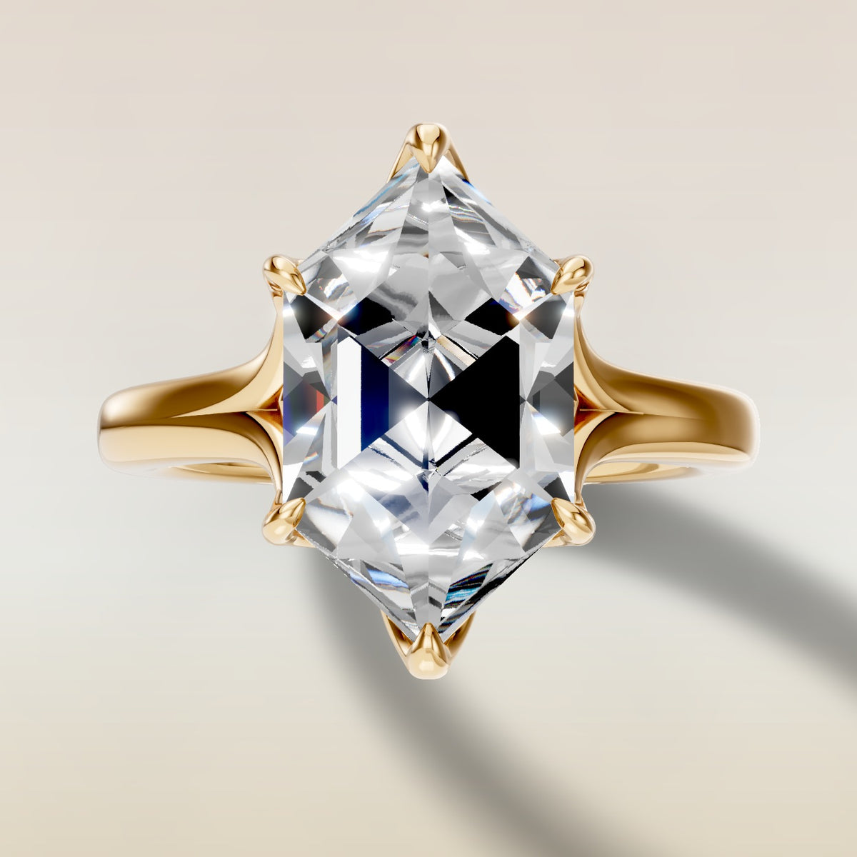 Hexagon Six Petal Tulip Split Shank engagement ring in gold, top view