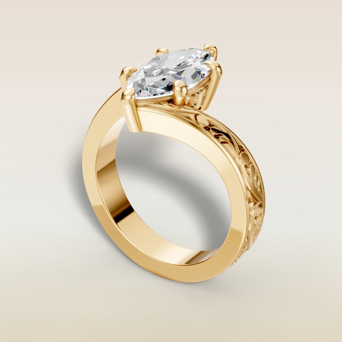 Marquise Bypass Vintage Engraved engagement ring in gold, back angle