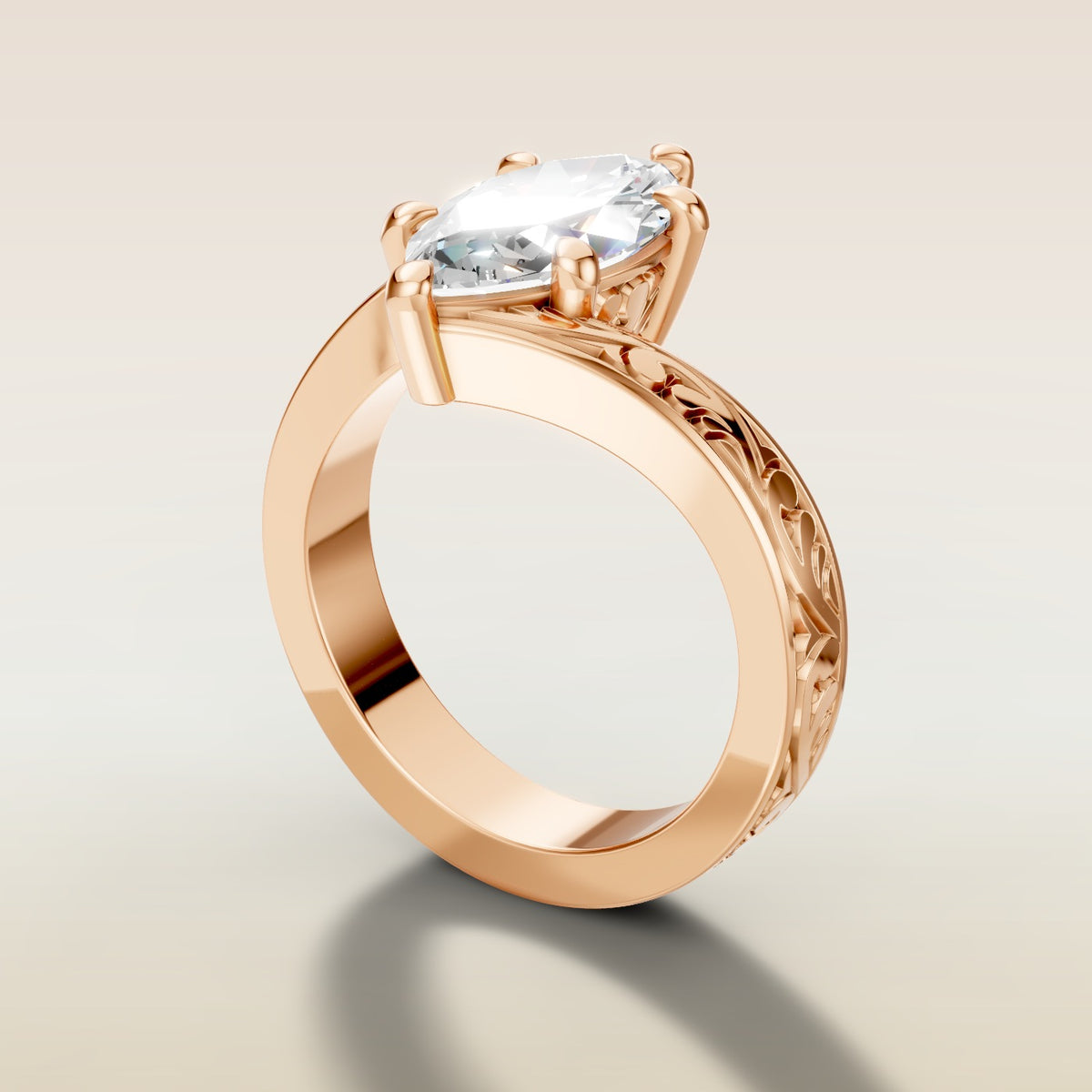 Marquise Bypass Vintage Engraved engagement ring in rose gold, angled side view