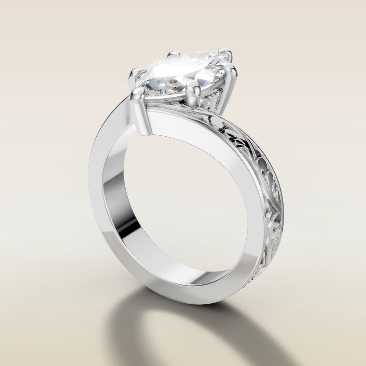 Marquise Bypass Vintage Engraved engagement ring in white gold, angled side view