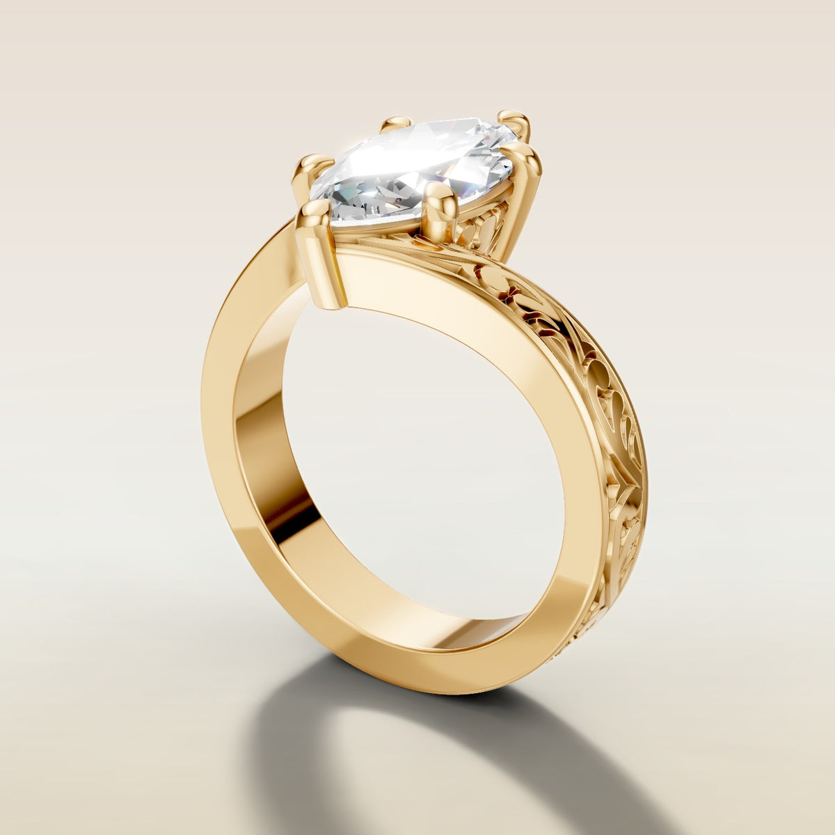 Marquise Bypass Vintage Engraved engagement ring in gold, angled side view