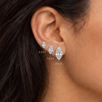 Marquise cut lab grown diamond stud earrings worn in 0.5, 1.5 and 3.0 carat sizes