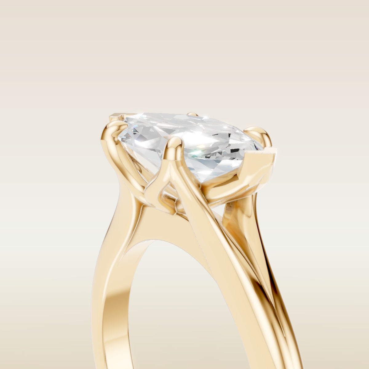 Marquise East West Tulip Split Shank engagement ring in yellow gold, basket close up