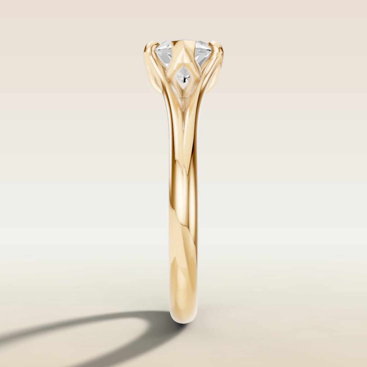 Marquise East West Tulip Split Shank engagement ring in yellow gold, side profile