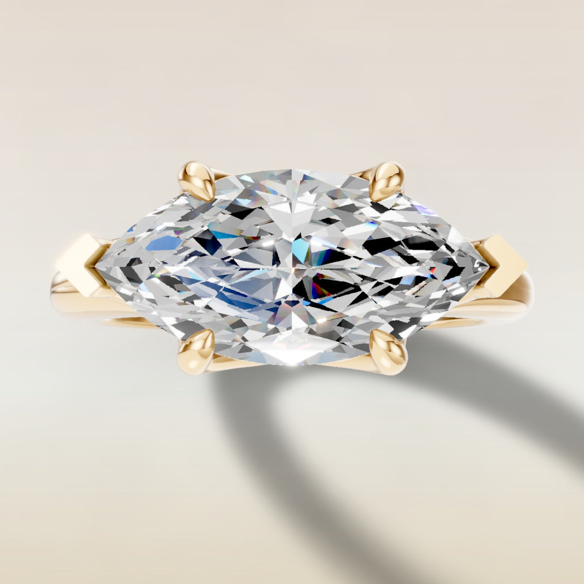 Marquise East West Tulip Split Shank engagement ring in yellow gold, top view