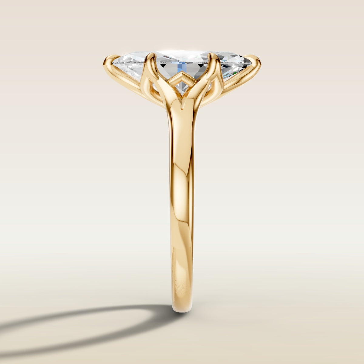 Marquise Six Petal Tulip Split Shank engagement ring in yellow gold, side profile