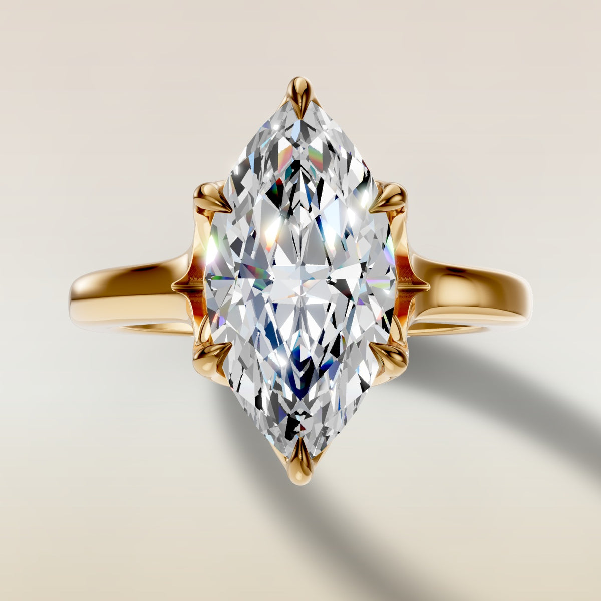 Marquise Six Petal Tulip Split Shank engagement ring in yellow gold, top view