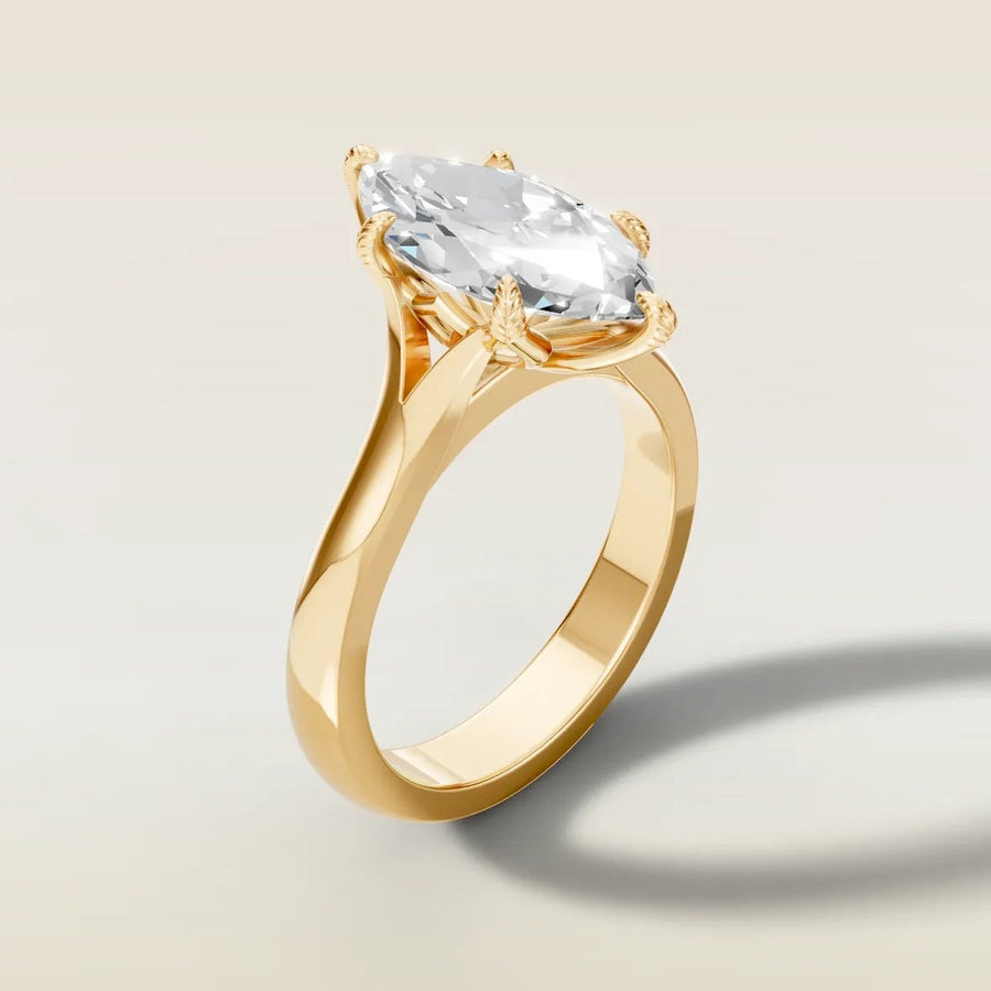 Marquise Tulip Leaf Prong Split engagement ring in yellow gold, angled side view