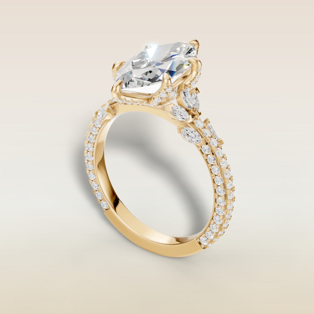 Marquise Tulip Side Stones Pave engagement ring in yellow gold, back angle