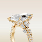 Marquise Tulip Side Stones Pave engagement ring in yellow gold, basket close up