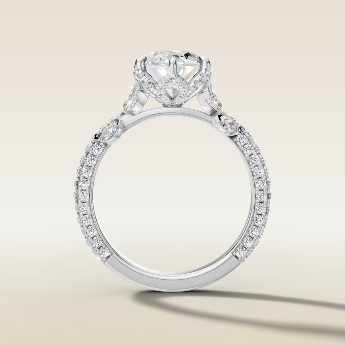 Marquise Tulip Side Stones Pave engagement ring in white gold, front view