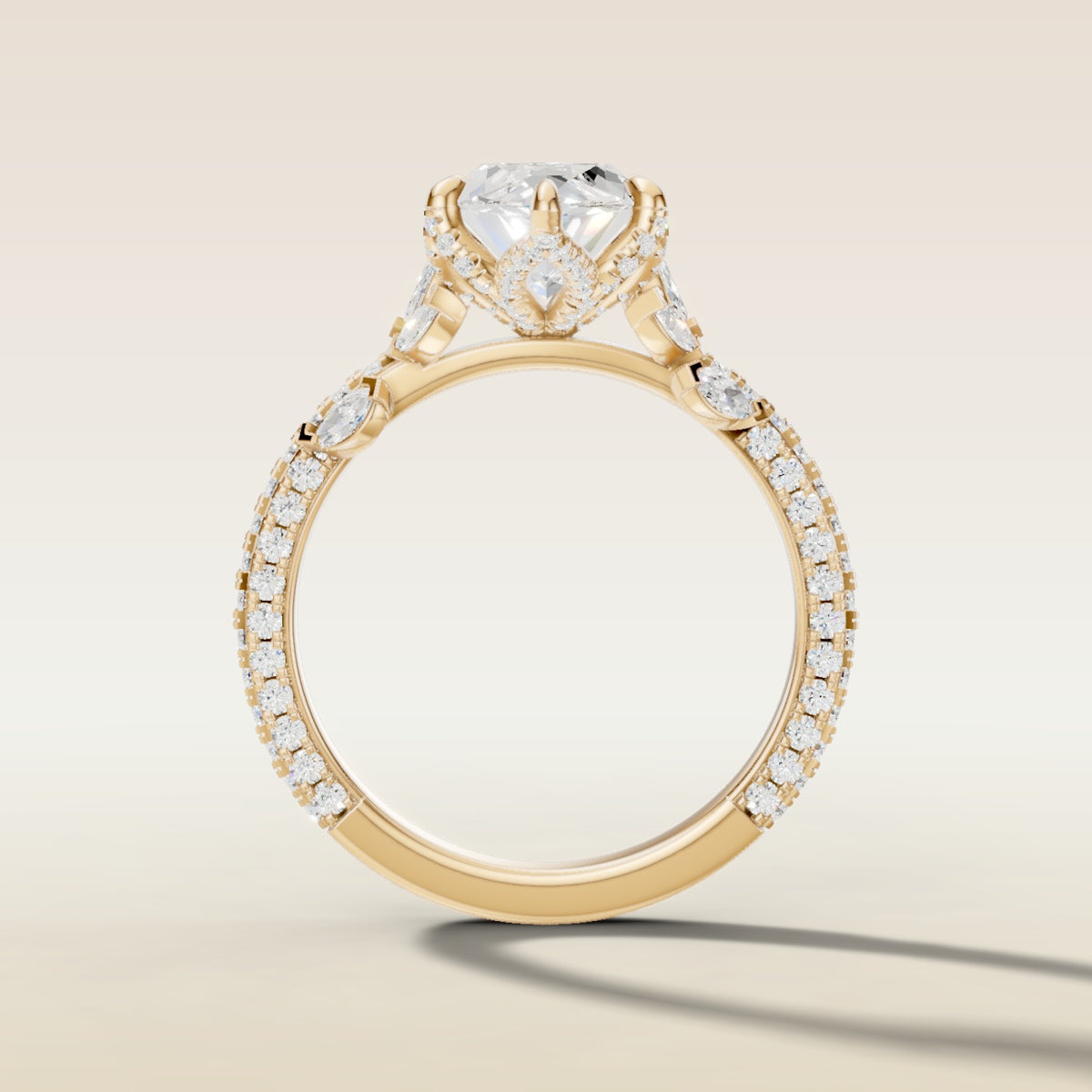 Marquise Tulip Side Stones Pave engagement ring in yellow gold, front view