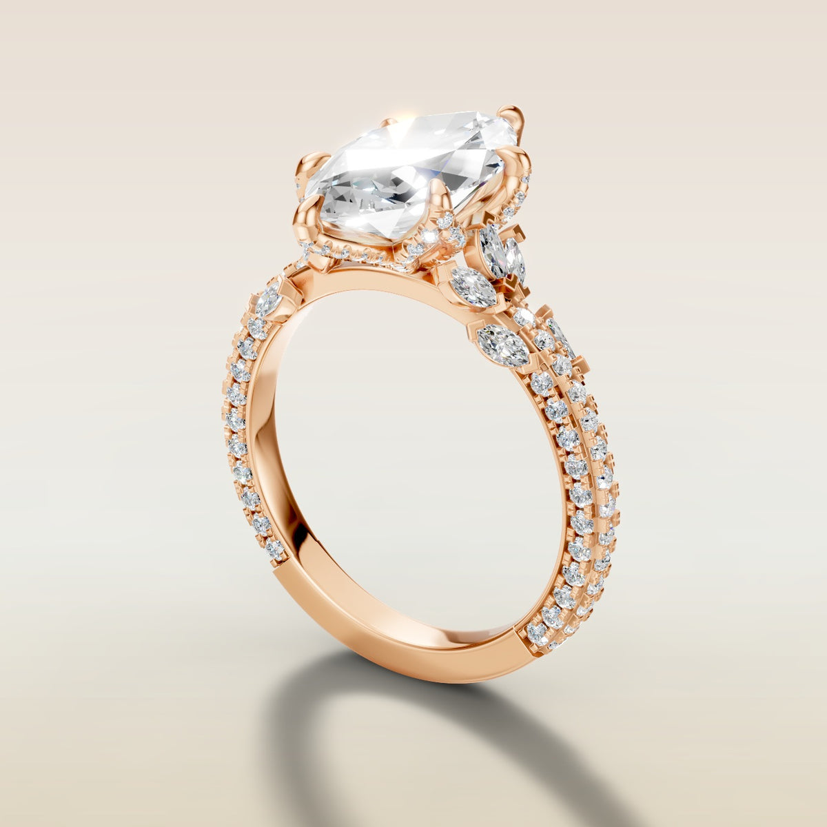 Marquise Tulip Side Stones Pave engagement ring in rose gold, angled side view