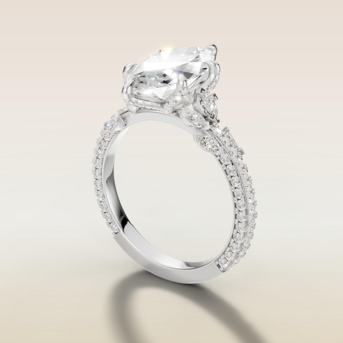 Marquise Tulip Side Stones Pave engagement ring in white gold, angled side view
