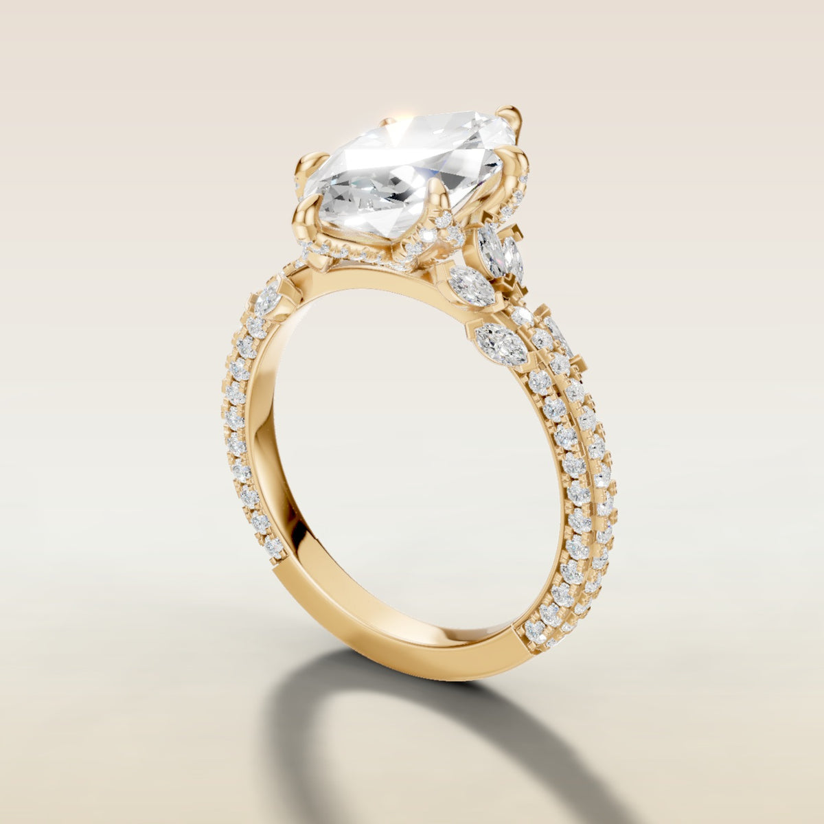 Marquise Tulip Side Stones Pave engagement ring in yellow gold, angled side view