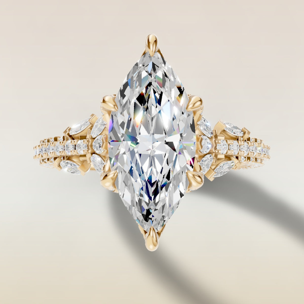 Marquise Tulip Side Stones Pave engagement ring in yellow gold, top view