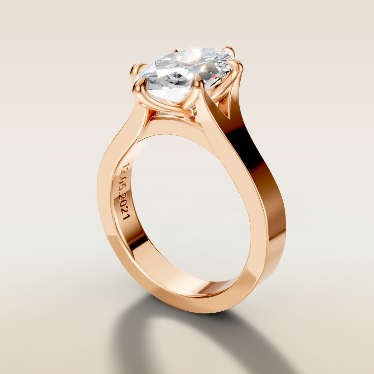 Marquise Tulip Thick Split Shank engagement ring in rose gold, angled side view