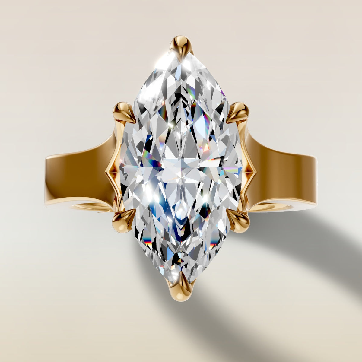 Marquise Tulip Thick Split Shank engagement ring in yellow gold, top view