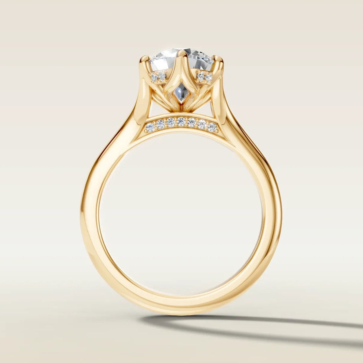 Moval 6 Tulip Hidden Halo Split Shank engagement ring in yellow gold, front view