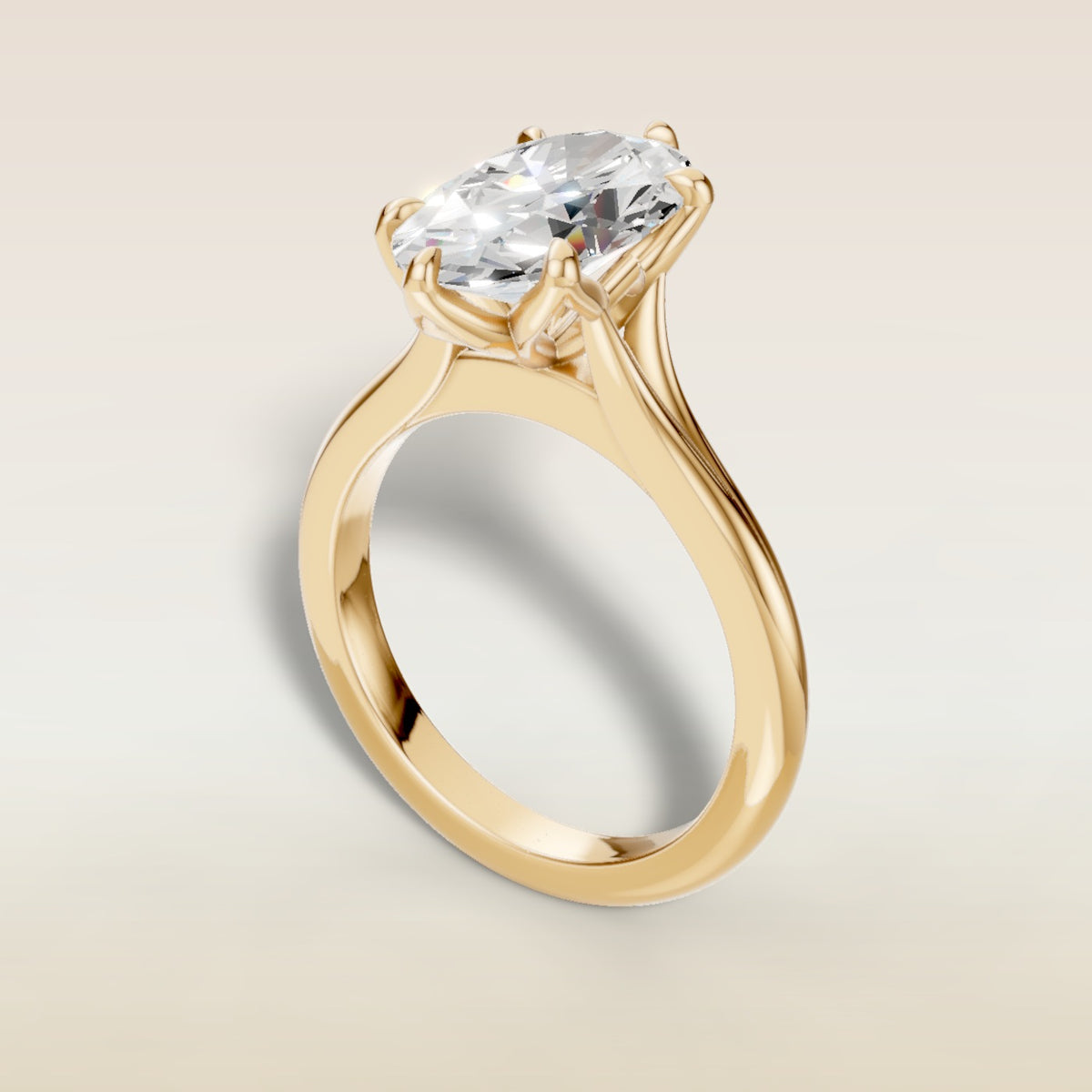 Moval Six Petal Tulip Split Shank engagement ring in yellow gold, back angle