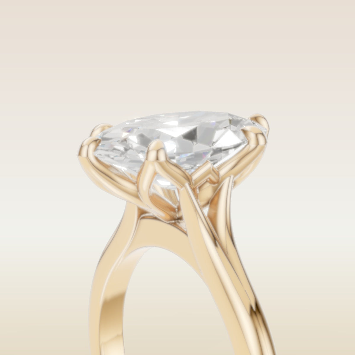 Moval Six Petal Tulip Split Shank engagement ring in yellow gold, basket close up