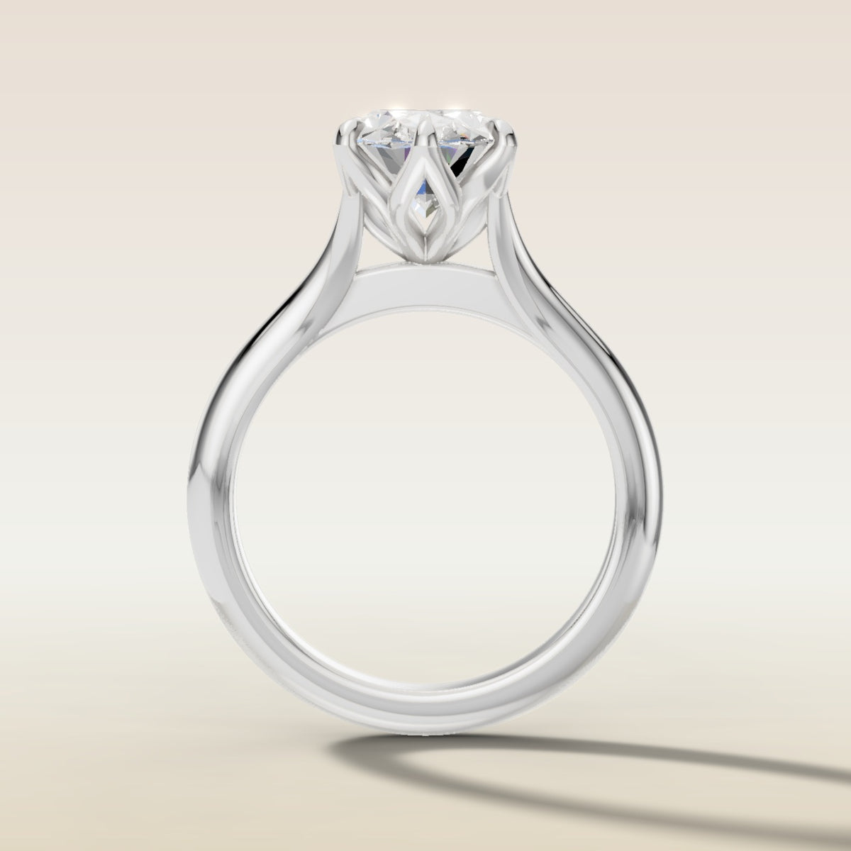 Moval Six Petal Tulip Split Shank engagement ring in white gold, front view