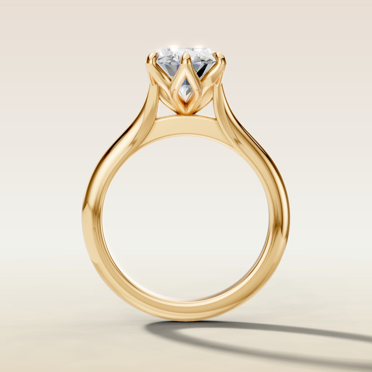 Moval Six Petal Tulip Split Shank engagement ring in yellow gold, front view
