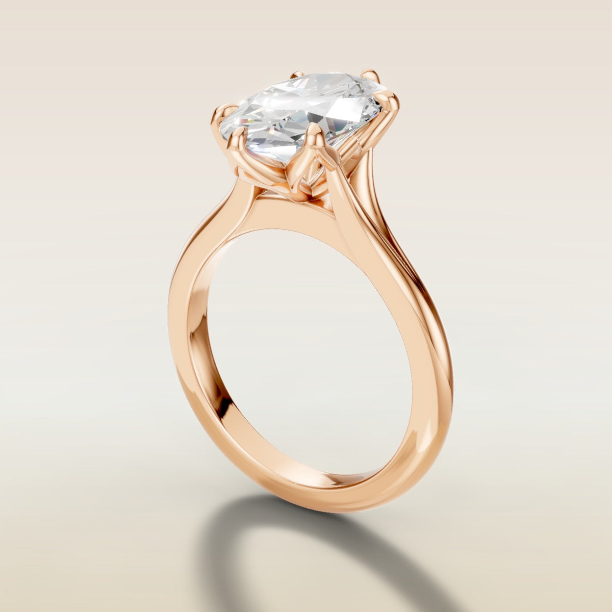 Moval Six Petal Tulip Split Shank engagement ring in rose gold, angled side view