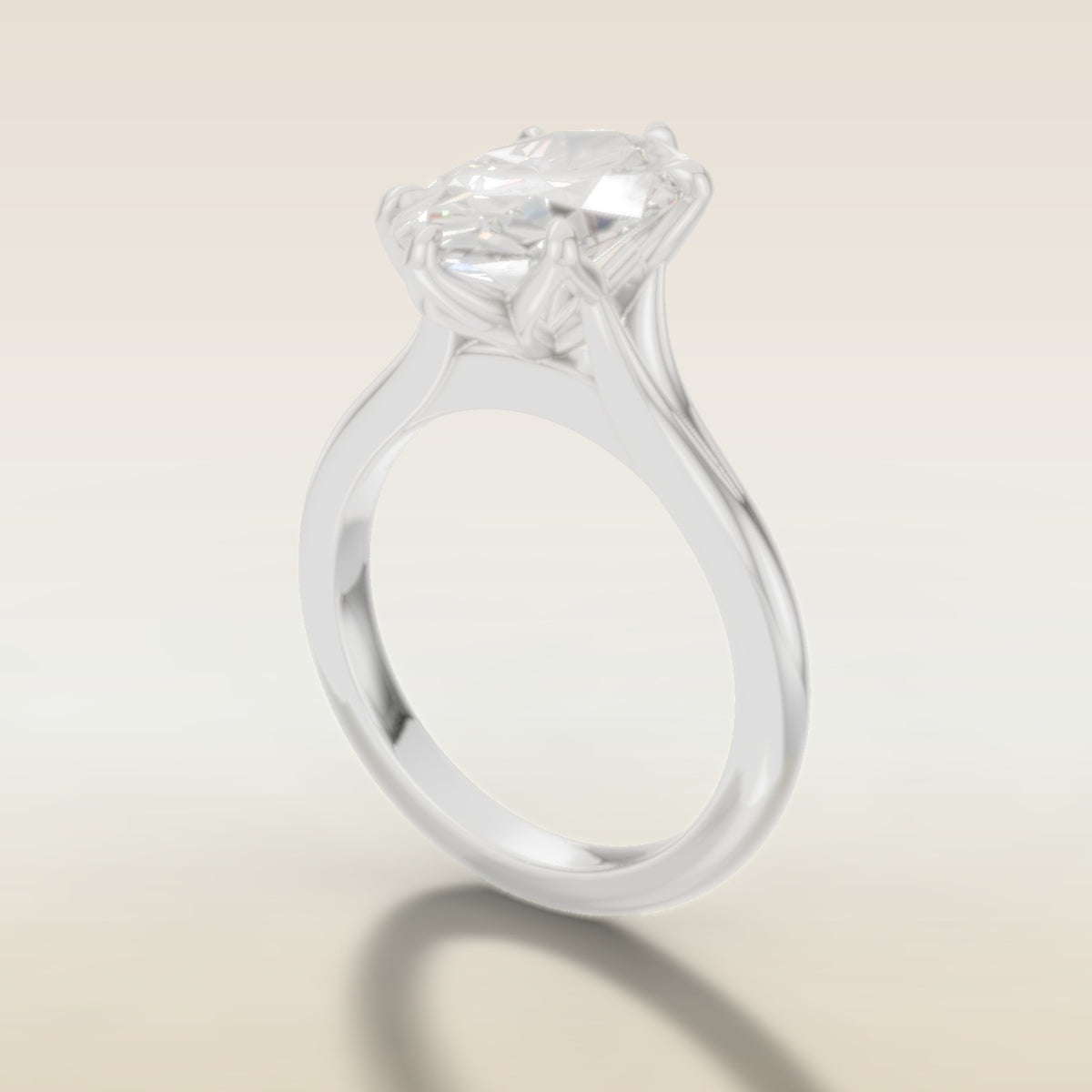 Moval Six Petal Tulip Split Shank engagement ring in white gold, angled side view