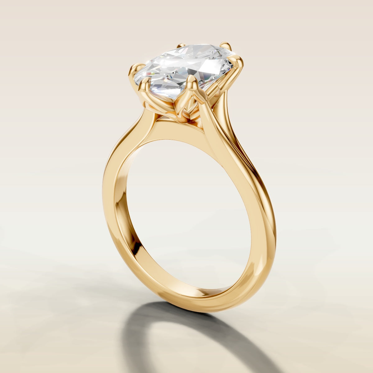Moval Six Petal Tulip Split Shank engagement ring in yellow gold, angled side view