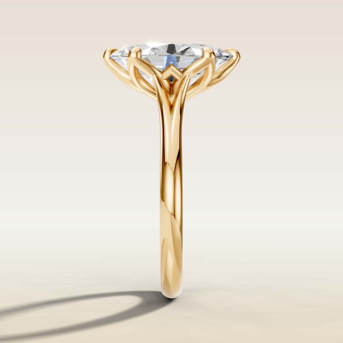 Moval Six Petal Tulip Split Shank engagement ring in yellow gold, side profile