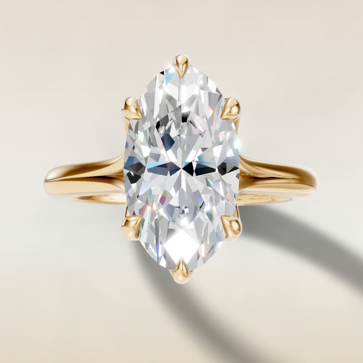 Moval Six Petal Tulip Split Shank engagement ring in yellow gold, top view