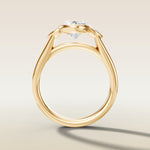 Moval Three Stone Full Bezel engagement ring in yellow gold, front view