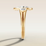Moval Three Stone Full Bezel engagement ring in yellow gold, side profile