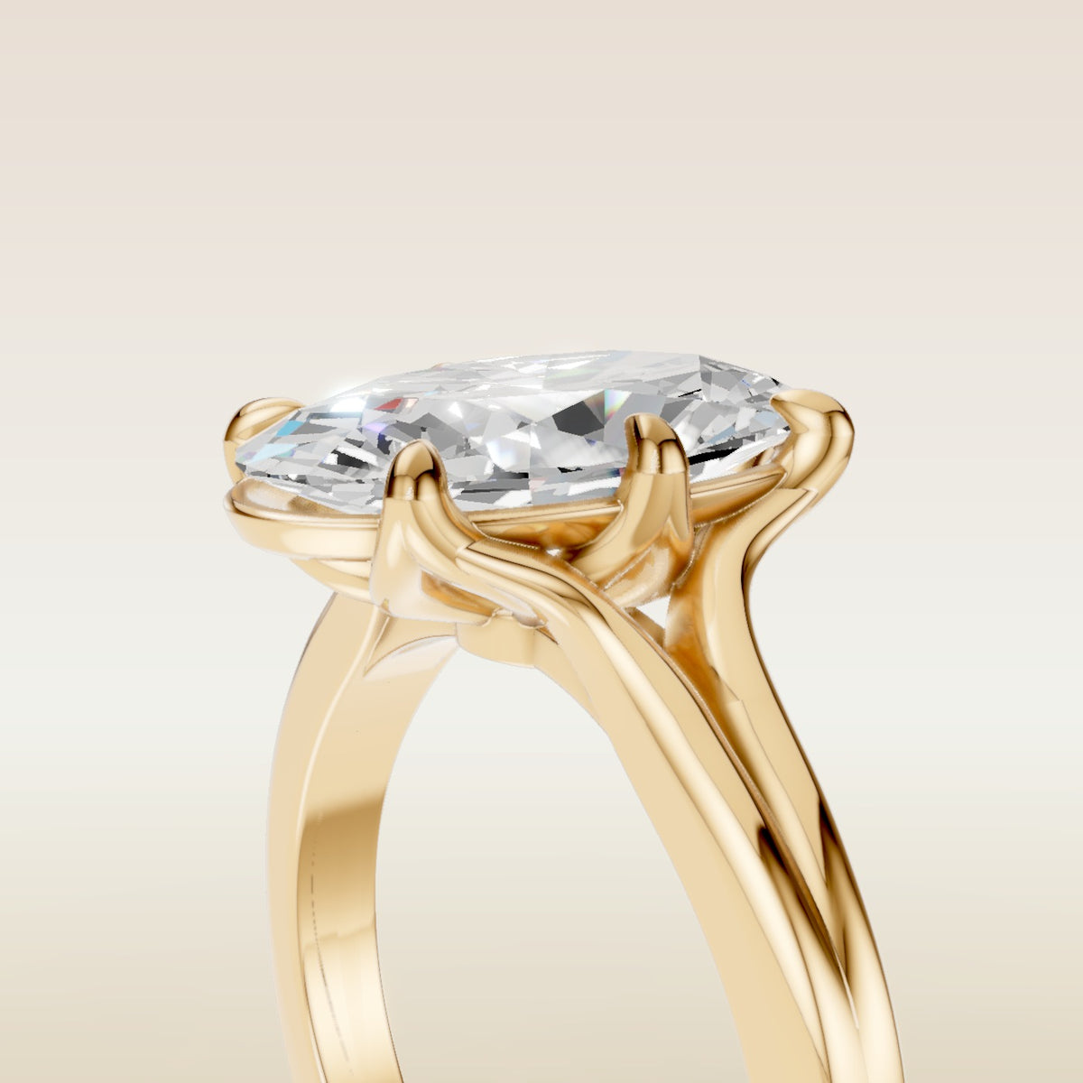 Moval Tulip Low Profile Split Shank engagement ring in yellow gold, basket close up