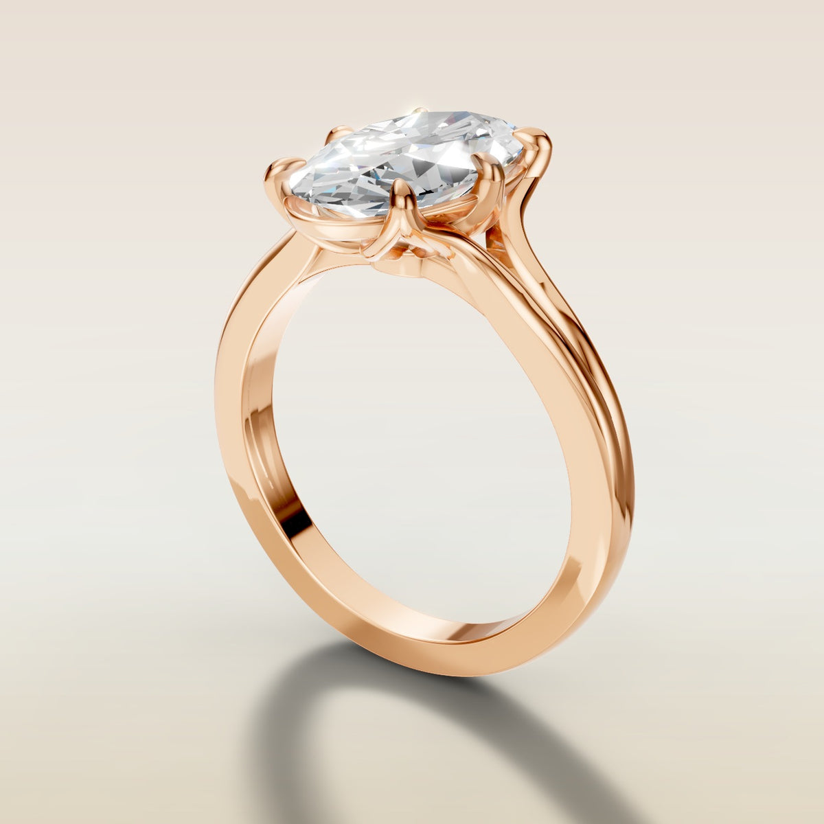 Moval Tulip Low Profile Split Shank engagement ring in rose gold, angled side view