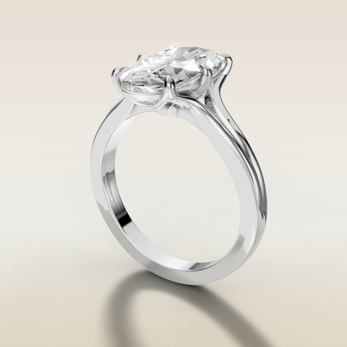 Moval Tulip Low Profile Split Shank engagement ring in white gold, angled side view