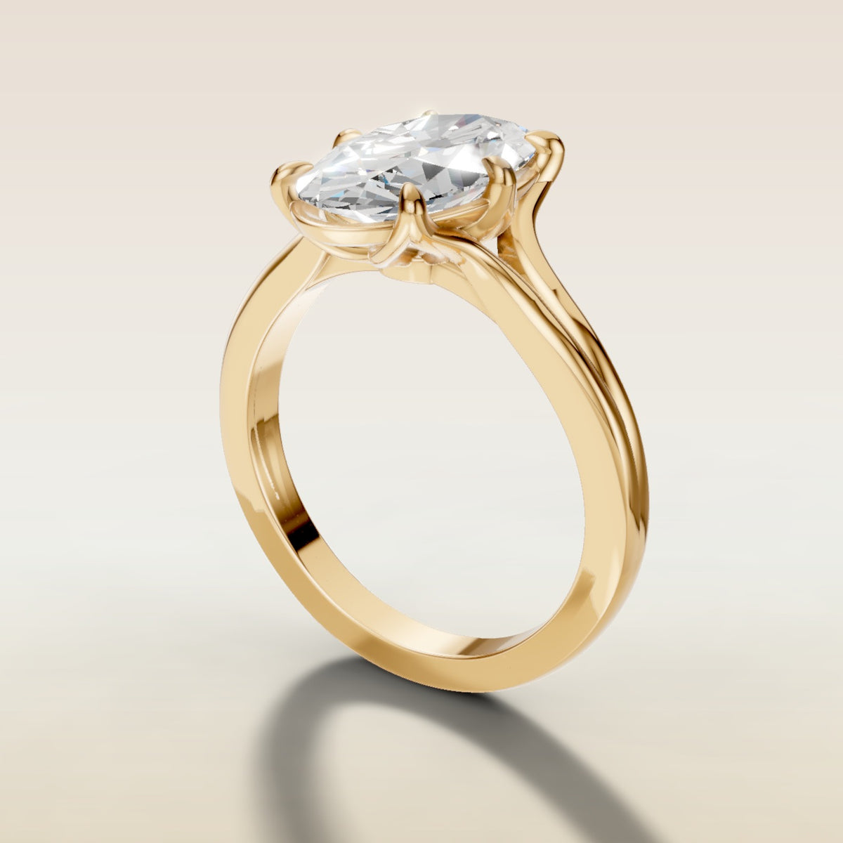 Moval Tulip Low Profile Split Shank engagement ring in yellow gold, angled side view
